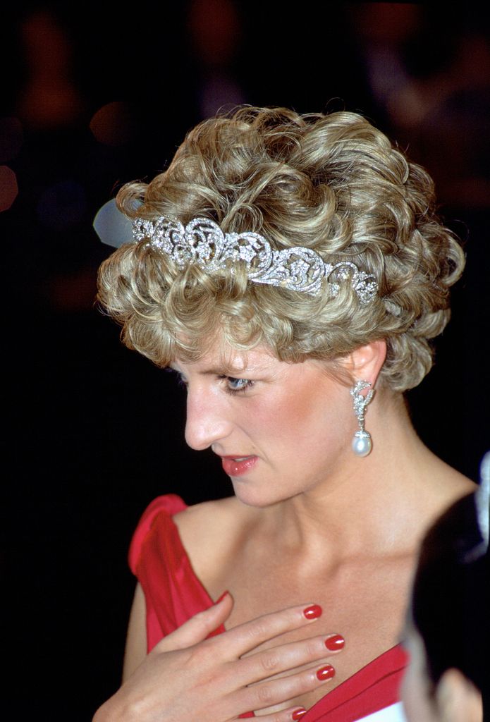 Princess Diana wearing tiara and red dress