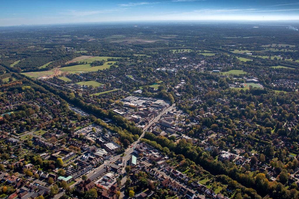 BUCKINGHAMSHIRE, UNITED KINGDOM. OCTOBER 2018. An aerial photograph of Beaconsfield, Buckinghamshire.  Aerial Photograph by BeaconsfieldDavid Goddard
