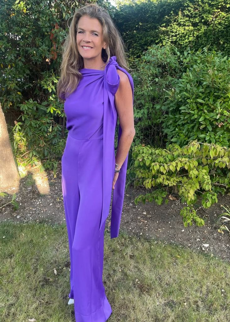 Annabel Croft purple jumpsuit at Wimbledon