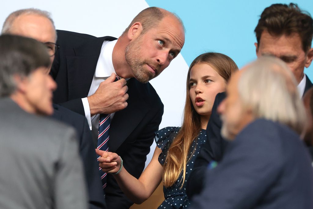 HRH Prince William of Wales reacts with his daughter Princess Charlotte of Wales during the UEFA Women's EURO 2025 Final match between England and Spain at St. Jakob-Park on July 27, 2025 in Basel, Switzerland