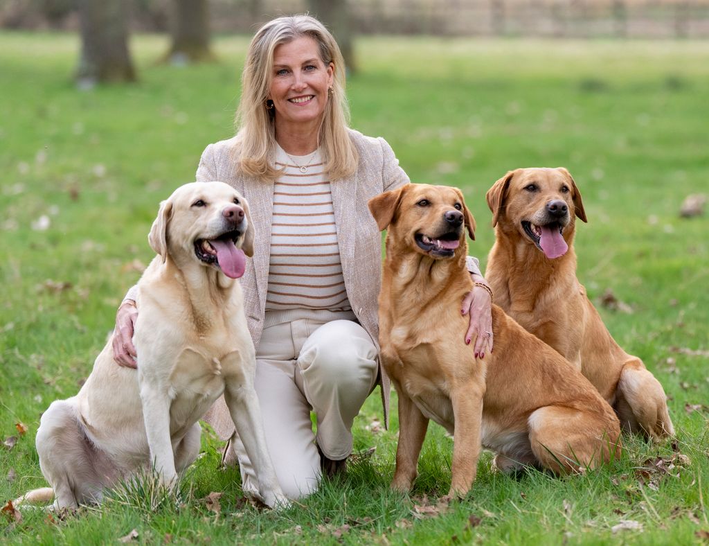 Duchess Sophie poses for a picture with dogs at The Yellow Labrador Club