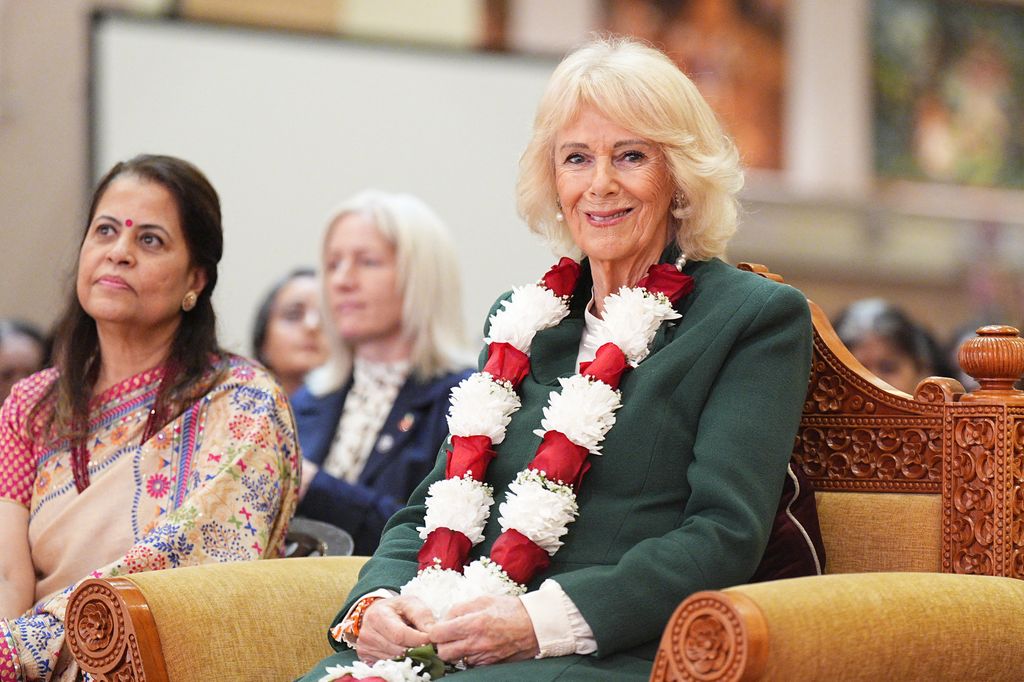 Britain's Queen Camilla visits the BAPS Shri Swaminarayan Mandir, more popularly known as 'Neasden Temple', a traditional Hindu stone temple, to celebrate the temple's 30th anniversary in London on October 29, 2025