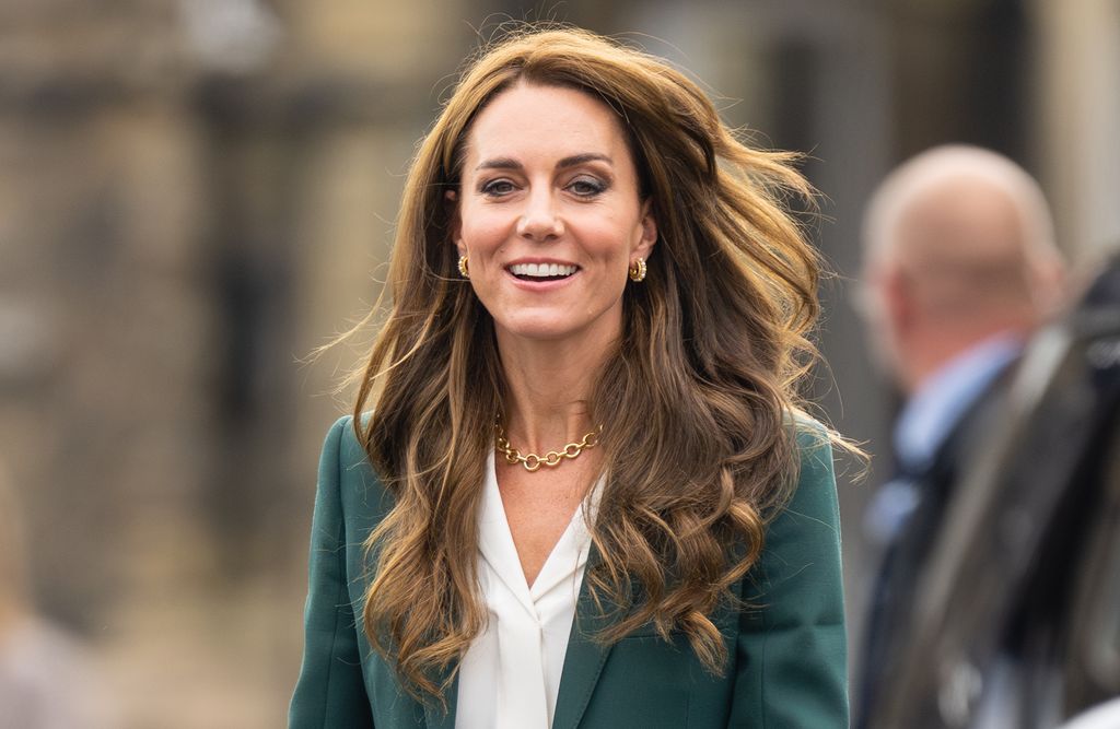 Kate Middleton visits Leeds in 2023 wearing green suit and gold jewellery