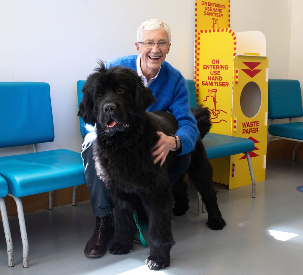 Paul O'Grady cuddles Newfoundland, Peggy, on For the Love of Dogs. 