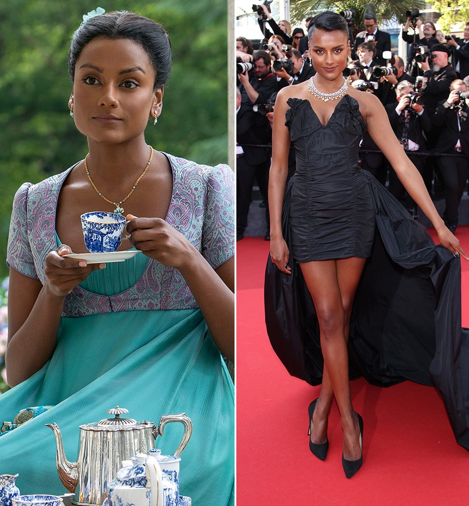 (Left) Simone Ashley as Kate in Bridgerton. (Right) Simone on the red carpet at Cannes Film Festival. 