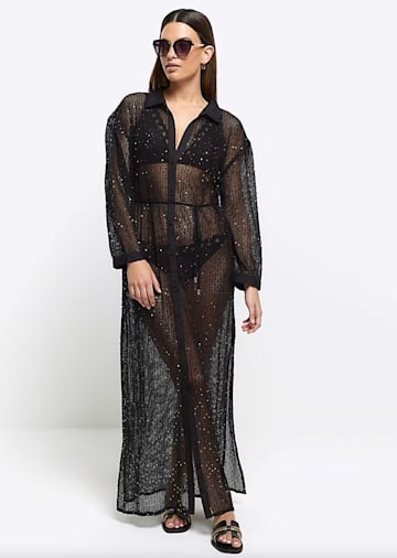 River Island Black Mesh Sequin Beach Maxi Shirt Dress