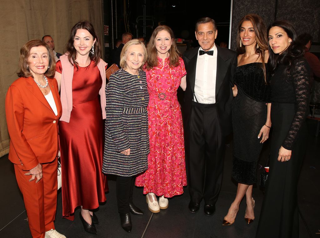 Nancy Pelosi, Tanya Taylor, Hillary Clinton, Dr. Chelsea Clinton, George Clooney, Amal Clooney and Huma Abedin pose backstage at the hit play "Good Night, and Good Luck" on Broadway at The Winter Garden Theatre on May 29, 2025