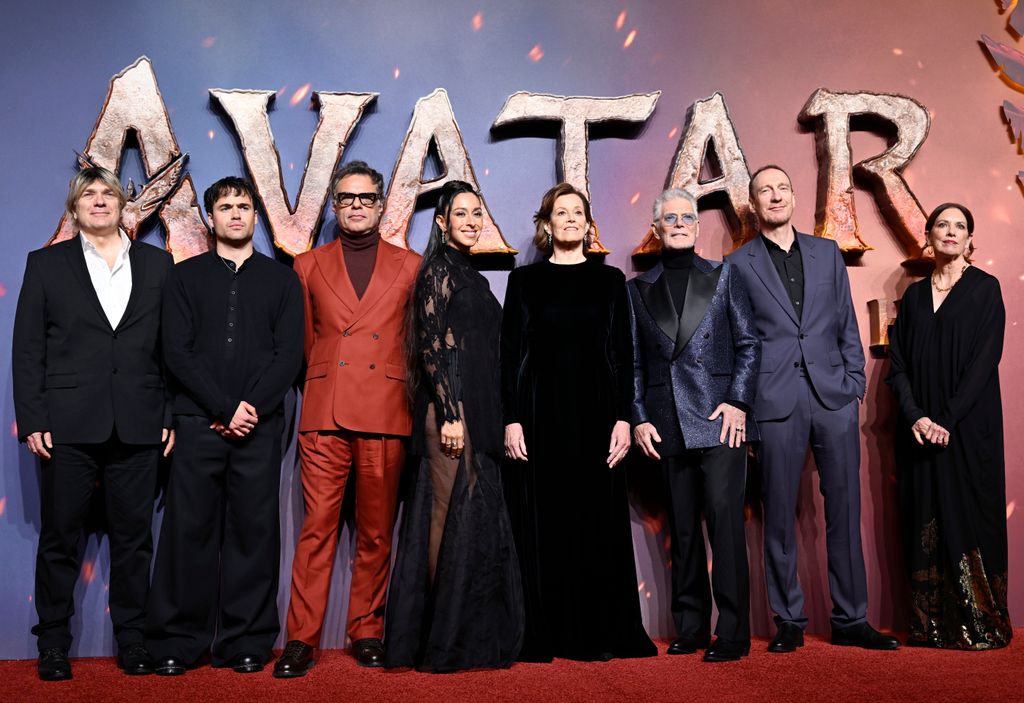 Simon Franglen, Jamie Flatters, Jemaine Clement, Oona Castilla Chaplin, Sigourney Weaver, Stephen Lang, David Thewlis and Deborah Lynn Scott attend the "Avatar: Fire And Ash" UK Premiere at BFI IMAX Waterloo