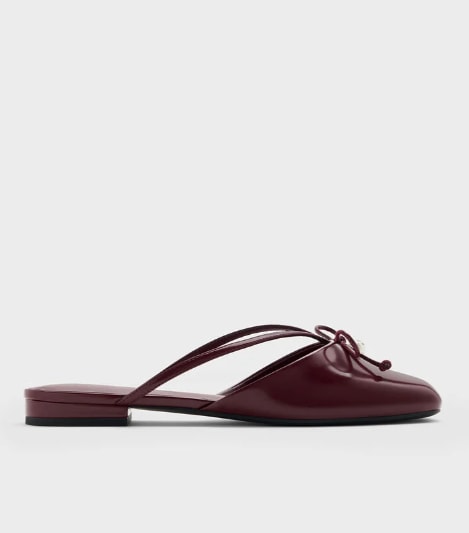 Pearl-Accent Bow Flat Mules - Burgundy
