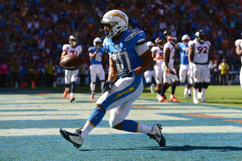 Austin Ekeler #30 of the Los Angeles Chargers reacts after scoring a touchdown