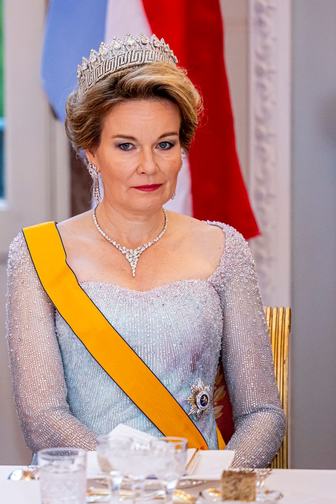 Queen Mathilde in silver dress and crown