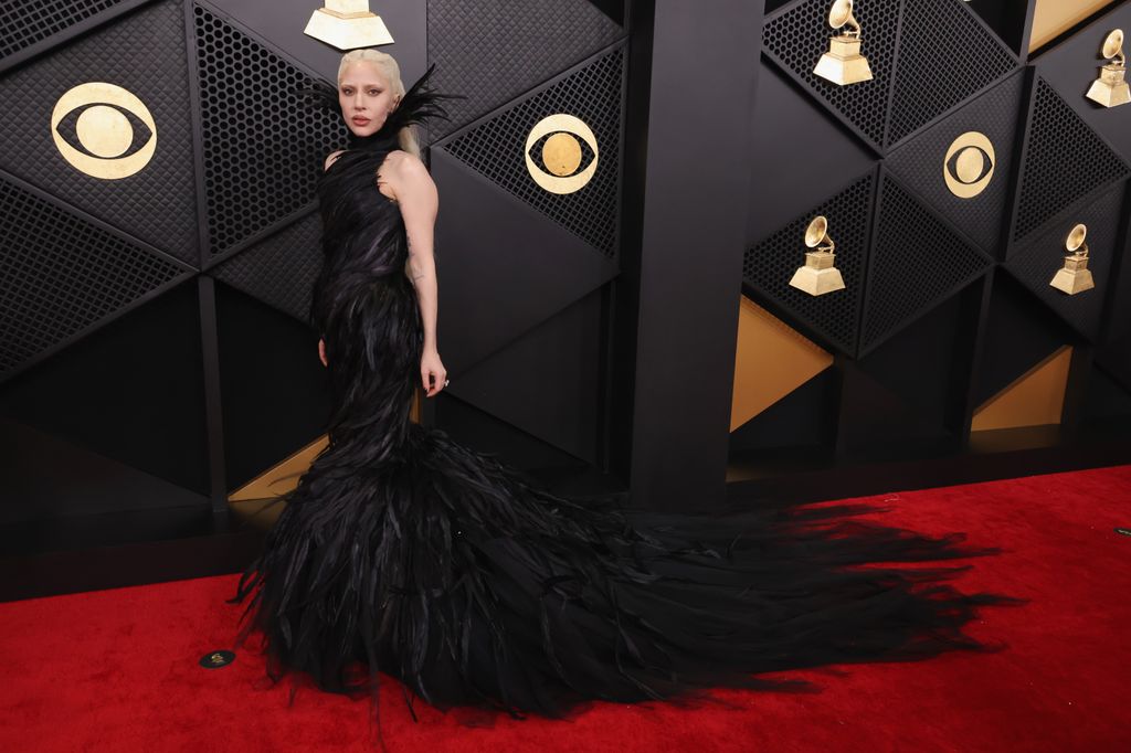 Lady Gaga in a feathered gown at the Grammys
