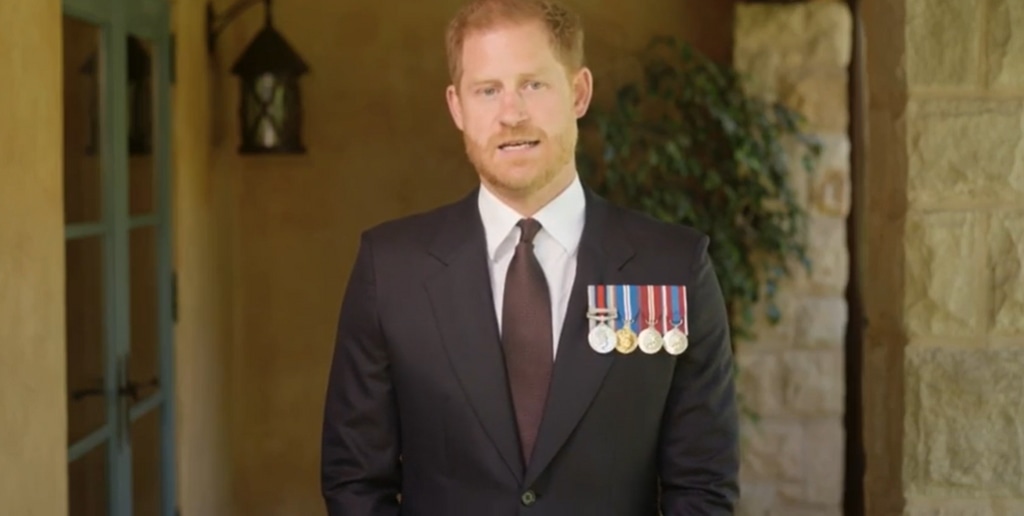 Prince Harry delivers tribute to Soldier of the Year award from porch of Montecito home
