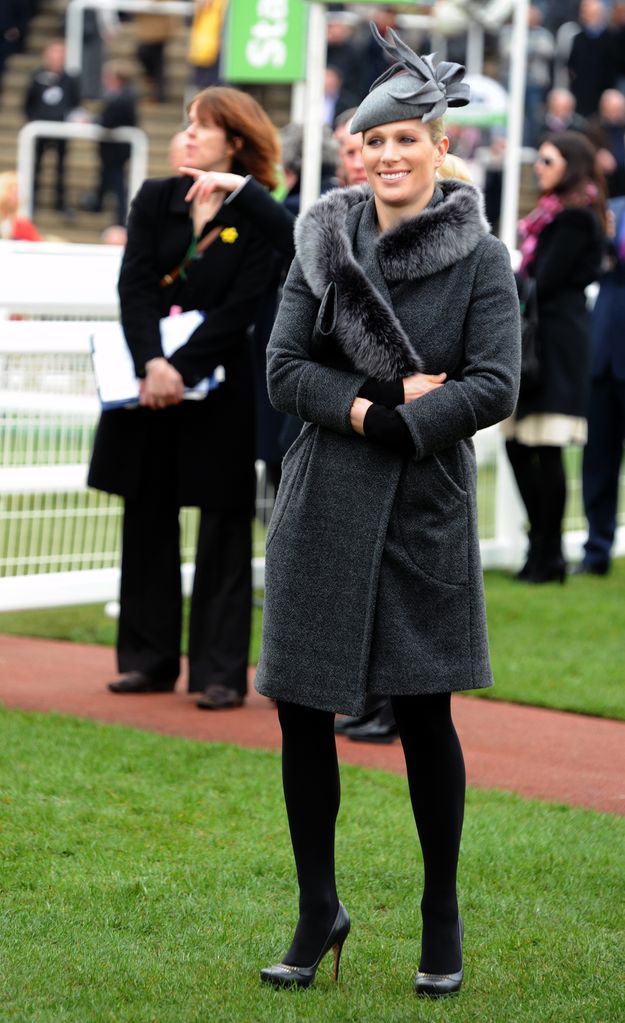 Zara Tindall in 2012 in grey coat and fascinator