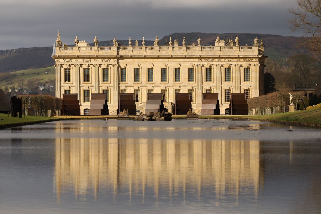CHATSWORTH, ENGLAND - MARCH 09:  A general view of Chatsworth House, which is due to host the 'Caro at Chatsworth' exhibition of Sir Anthony Caro's sculptures, on March 9, 2012 in Chatsworth, England. The exhibition opens to the public from March 28, and runs until July 1, 2012, and comprises of 14 sculptures by Sir Anthony Caro sited around the Emperor Fountain in front of the South facade of Chatsworth House. The sculpture exhibition is the first show dedicated to the work of a single artist to be held in the garden at Chatsworth and features important pieces lent by the artist which he created over the past four decades.  (Photo by Oli Scarff/Getty Images)