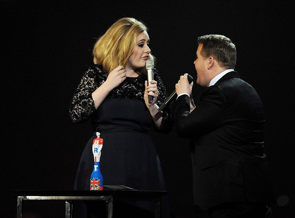 Adele being interrupted at the BRITs by James Corden