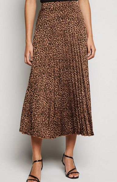 brown leopard print pleated midi skirt