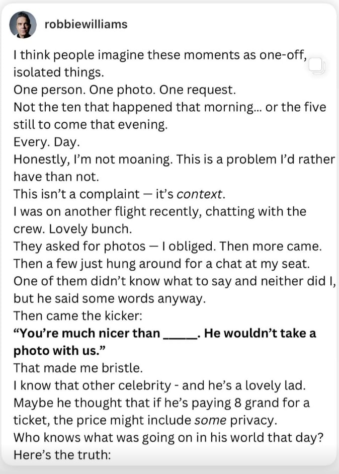 Robbie William shared a candid post
