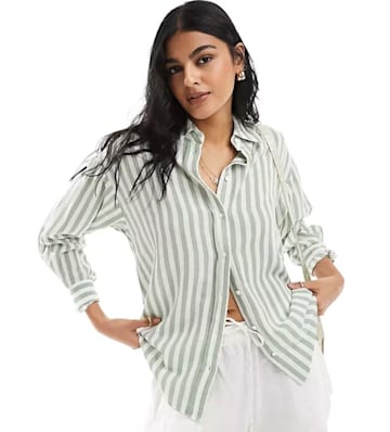 Stradivarius relaxed fit linen look stripe shirt in light green