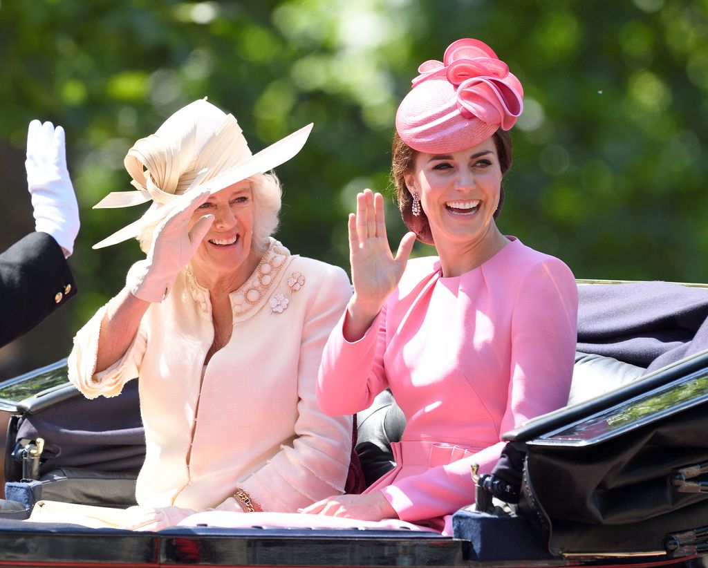 Queen Camilla and Princess Kate wave during the Trooping The Colour parade in 2017