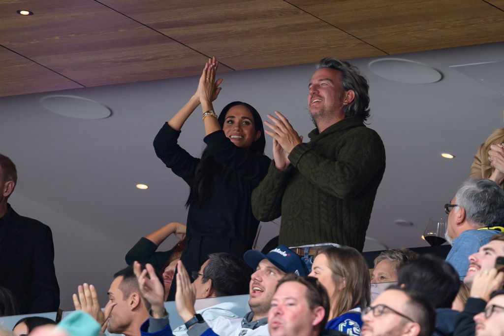 VANCOUVER, CANADA - NOVEMBER 20: Meghan Markle, The Duchess of Sussex, reacts during the NHL game between the Vancouver Canucks and San Jose Sharks at Rogers Arena on November 20, 2023 in Vancouver, British Columbia, Canada. (Photo by Derek Cain/Getty Images)