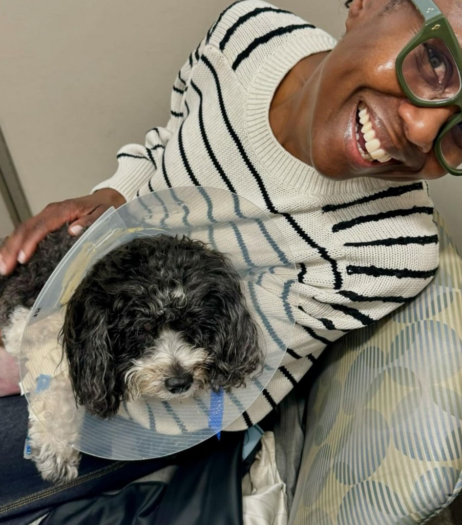 Photo shared by Deborah Roberts on May 5, 2024 sharing with fans that her and Al Roker's dog Pepper had unexpectedly collapsed and was recovering after emergency surgery