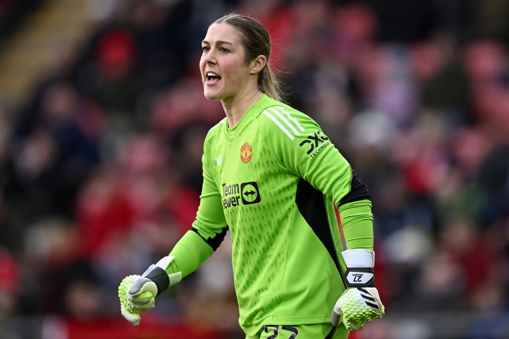 Mary Earps of Manchester United during the Barclays WomenÂ´s Super League match between Manchester United and Liverpool FC  at Leigh Sports Village on December 17, 2023 in Leigh
