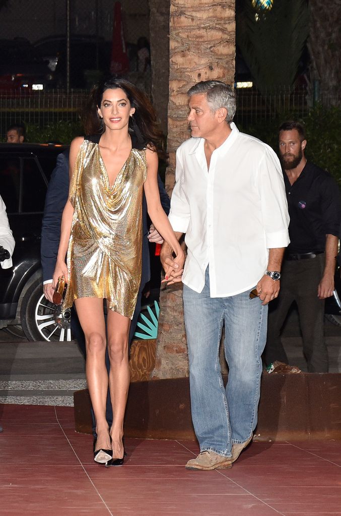 amal clooney in gold dress