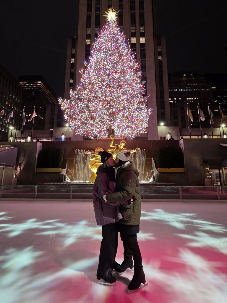 Keanu Reeves and Alexandra Grant pose for photos on the ice skating rink at Rockefeller Center, shared on Instagram
