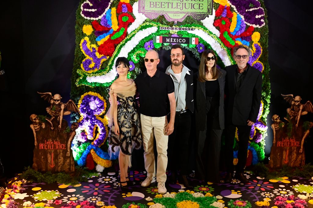 (L-R) Jenna Ortega, Michael Keaton, Justin Theroux, Monica Bellucci and Tim Burton Posing for photos during the Beetlejuice Beetlejuice film Photocall at Mexico City Four Season Hotel