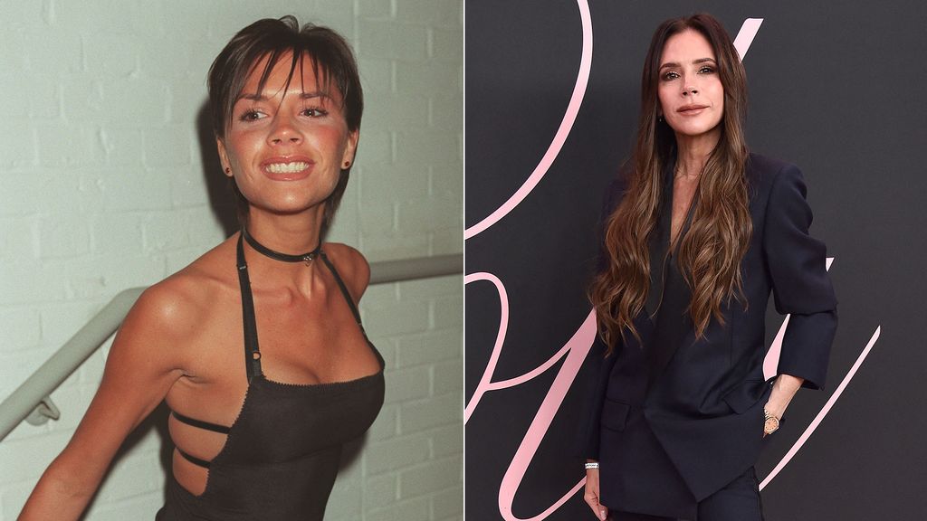 young Victoria Beckham in black dress with Victoria now in suit