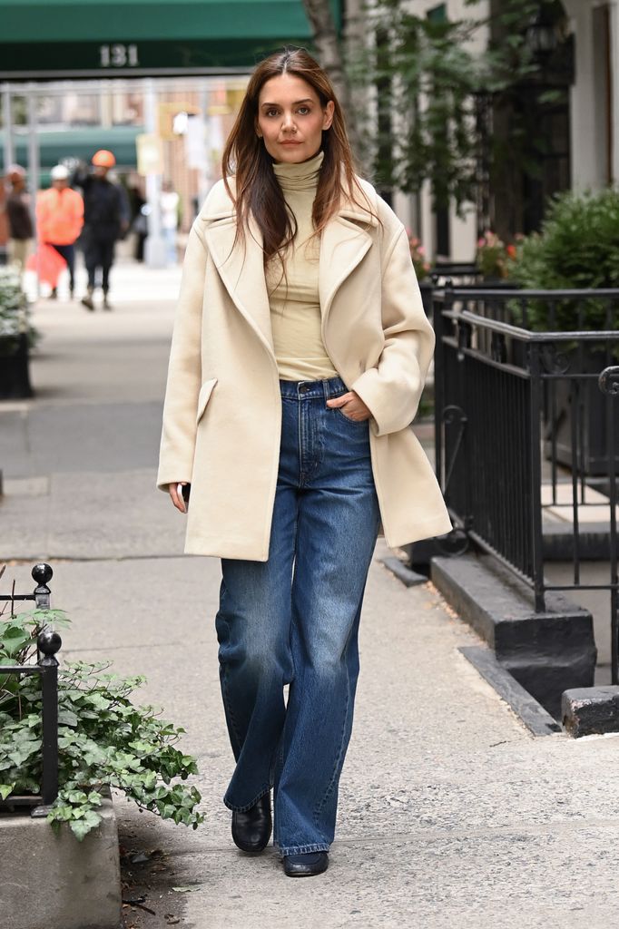 Katie Holmes spotted out and about wearing Banana Republic on October 03, 2024 in New York City. (Photo by Michael Simon/WireImage)