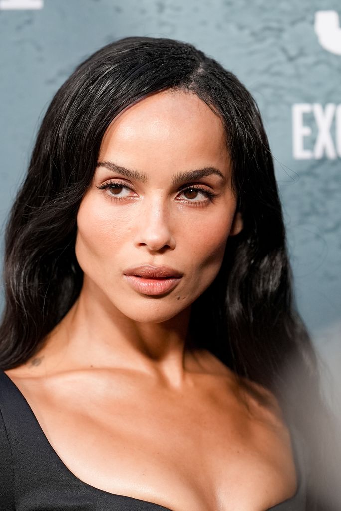 Zoë Kravitz wears a black dress, posing with her hair down.