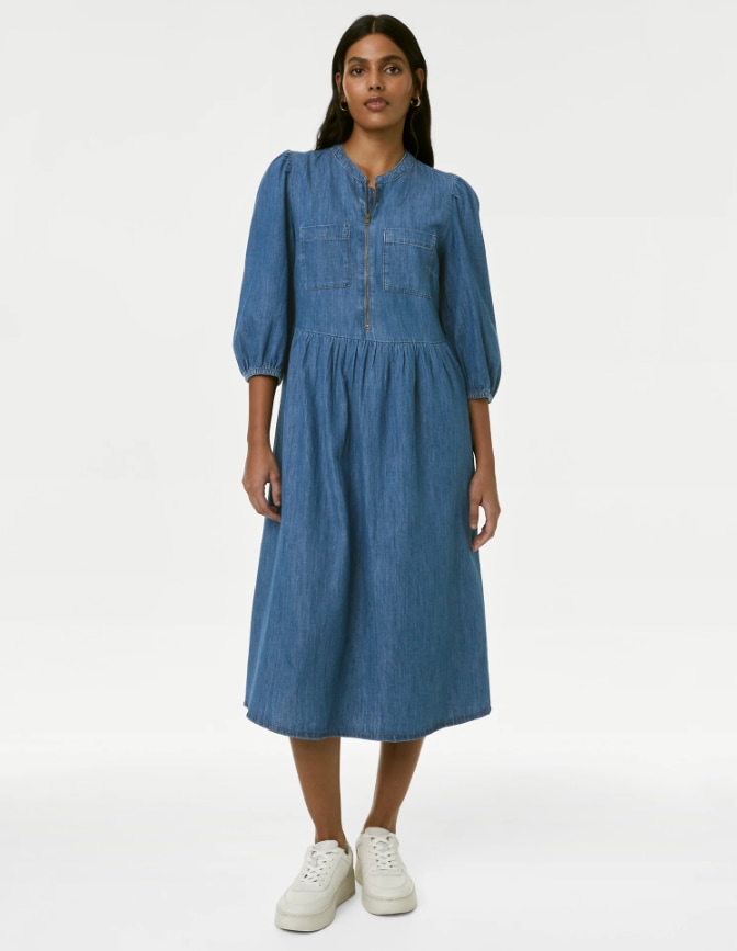 Pure Cotton Denim Midi Waisted Dress - Marks and Spencer