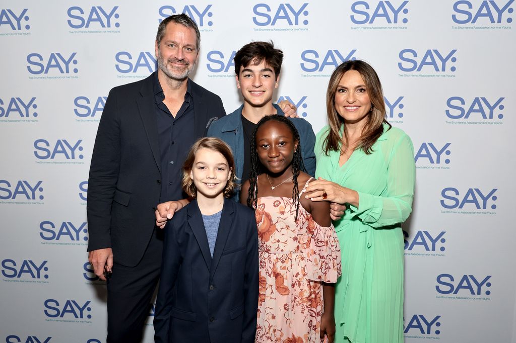 NEW YORK, NEW YORK - MAY 22: Peter Hermann and Mariska Hargitay pose with their children, August Miklos Friedrich Hermann, Andrew Nicolas Hargitay Hermann and Amaya Josephine Hermann at the 2023 Stuttering Association For The Young (SAY) Benefit Gala at The Edison Ballroom on May 22, 2023 in New York City. (Photo by Jamie McCarthy/Getty Images)