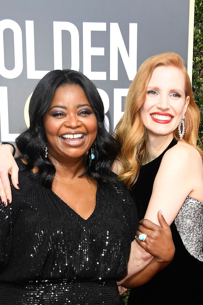 Octavia Spencer and Jessica Chastain attend The 75th Annual Golden Globe Awards on January 7, 2018 in Beverly Hills, California