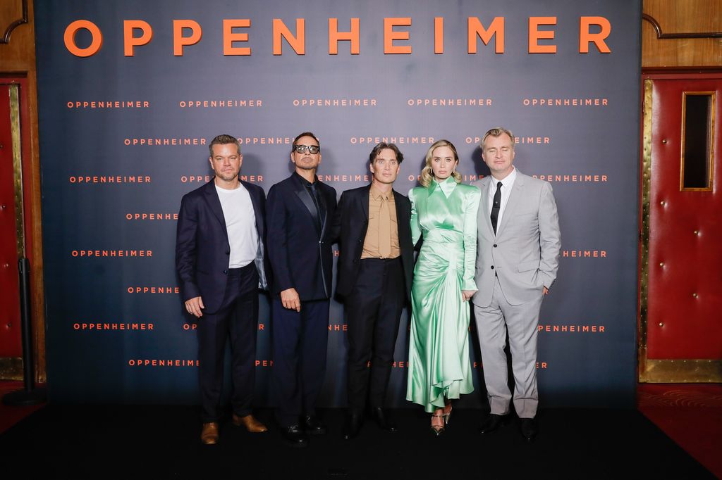 Matt Damon, Robert Downey Jr, Cillian Murphy, Emily Blunt and Christopher Nolan at the "Oppenheimer" premiere at Le Grand Rex on July 11, 2023 in Paris, France