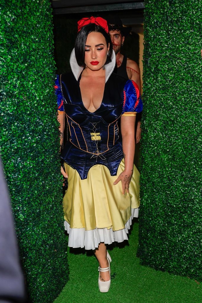 Demi Lovato is seen arriving to Vas Morgan and Michael Braun's Halloween Party on October 28, 2023 in Los Angeles, California.