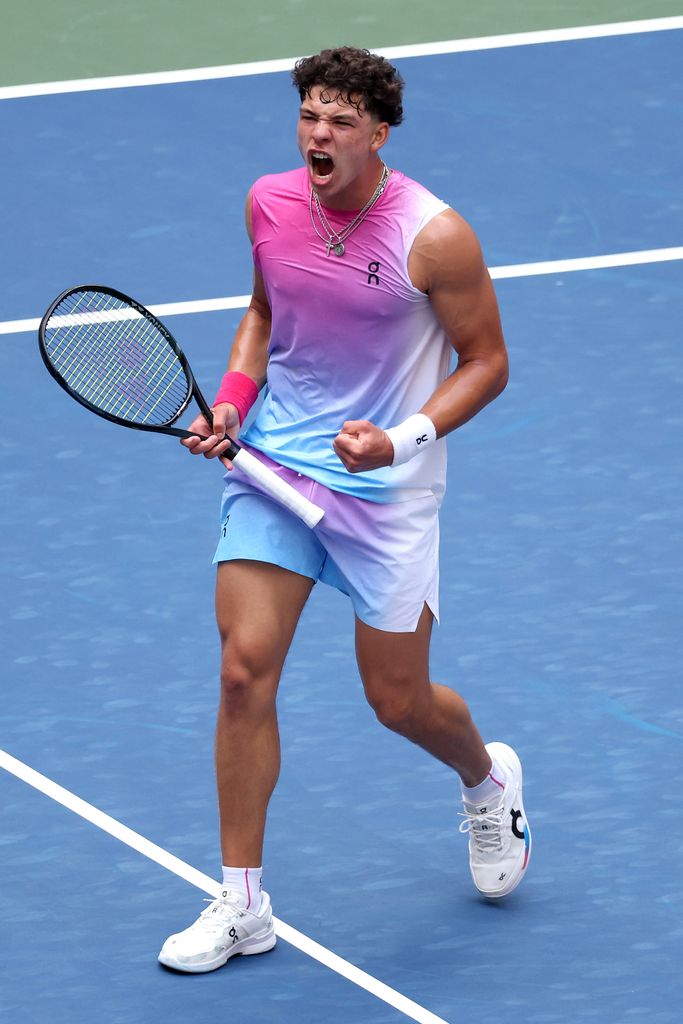 Ben Shelton of the United States reacts against Frances Tiafoe of the United States during their Men's Singles Third Round match on Day Five of the 2024 US Open at USTA Billie Jean King National Tennis Center on August 30, 2024 in the Flushing neighborhood of the Queens borough of New York City. (Photo by Mike Stobe/Getty Images)