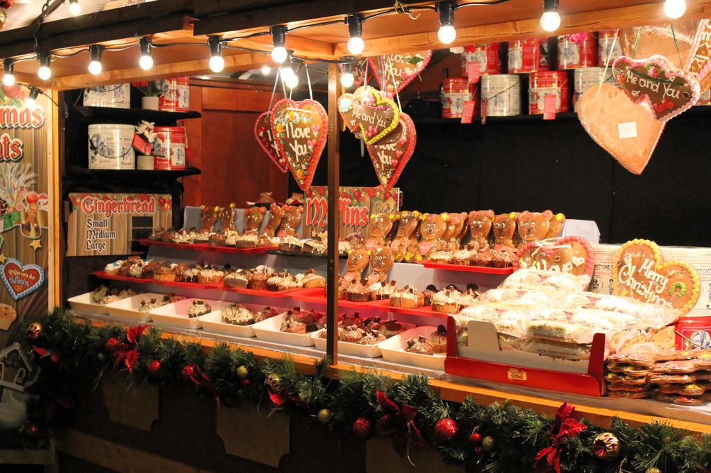 Bristol christmas market, shot of festive stall selling decorated gingerbread