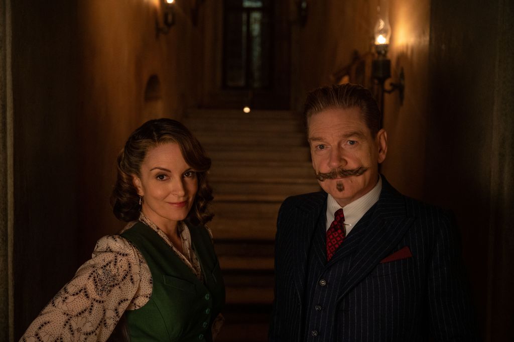 Tina Fey as Ariadne Oliver and Kenneth Branagh as Hercule Poirot 