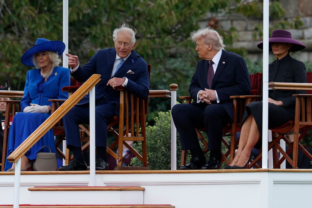 U.S. President Donald Trump and First Lady Melania Trump attend a Beating Retreat ceremony with King Charles III and Queen Camilla on the east lawn of Windsor Castle during a state visit on September 17, 2025.