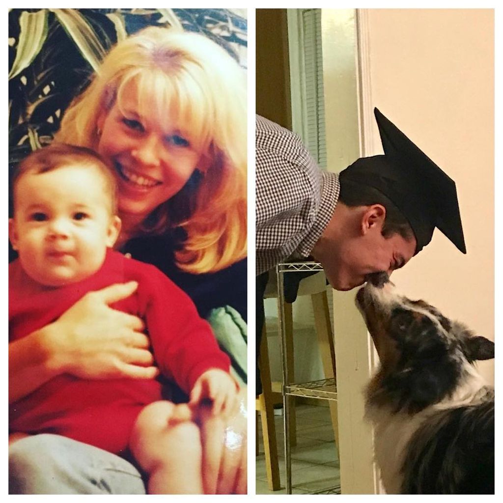 Chelsea Handler with her nephew Max as a baby and on graduation day