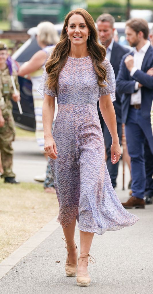 Princess Kate wears her Castaner wedge espadrilles with a printed midi dress to attend Cambridgeshire County Day at Newmarket Racecourse in 2022