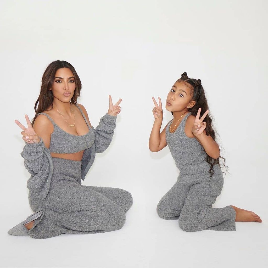 North West and Kim Kardashian in grey loungewear for Skims 