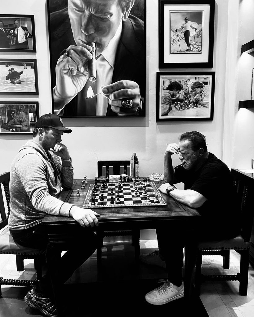 Chris Pratt and Arnold Schwarzenegger play a round of chess in the latter's home, shared on Instagram