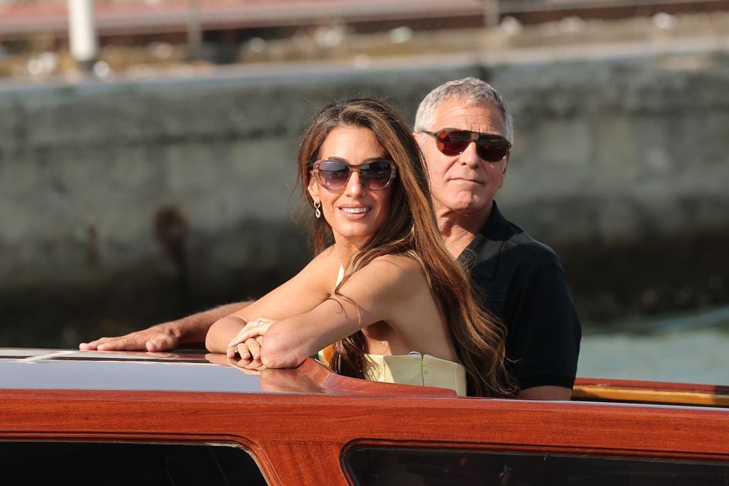 Amal Clooney and George Clooney are seen arriving ahead of the 82nd Venice International Film Festival 2025 on August 26, 2025 in Venice, Italy.