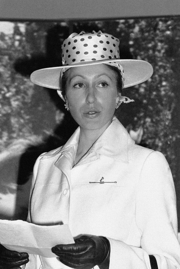 Princess Anne appears in a stylish polka-dot hat which features a head scarf at the back, during a visit to the Tate Gallery in London on May 25, 1978.