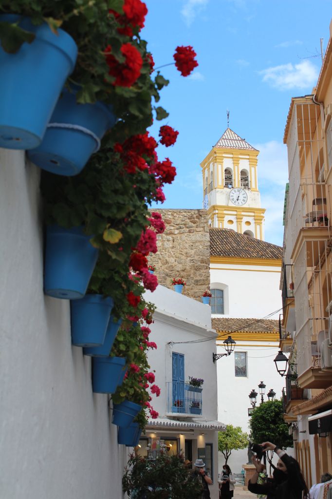 Winding cobbled street with geraniums trailing from flowerpots and church steeple in background 