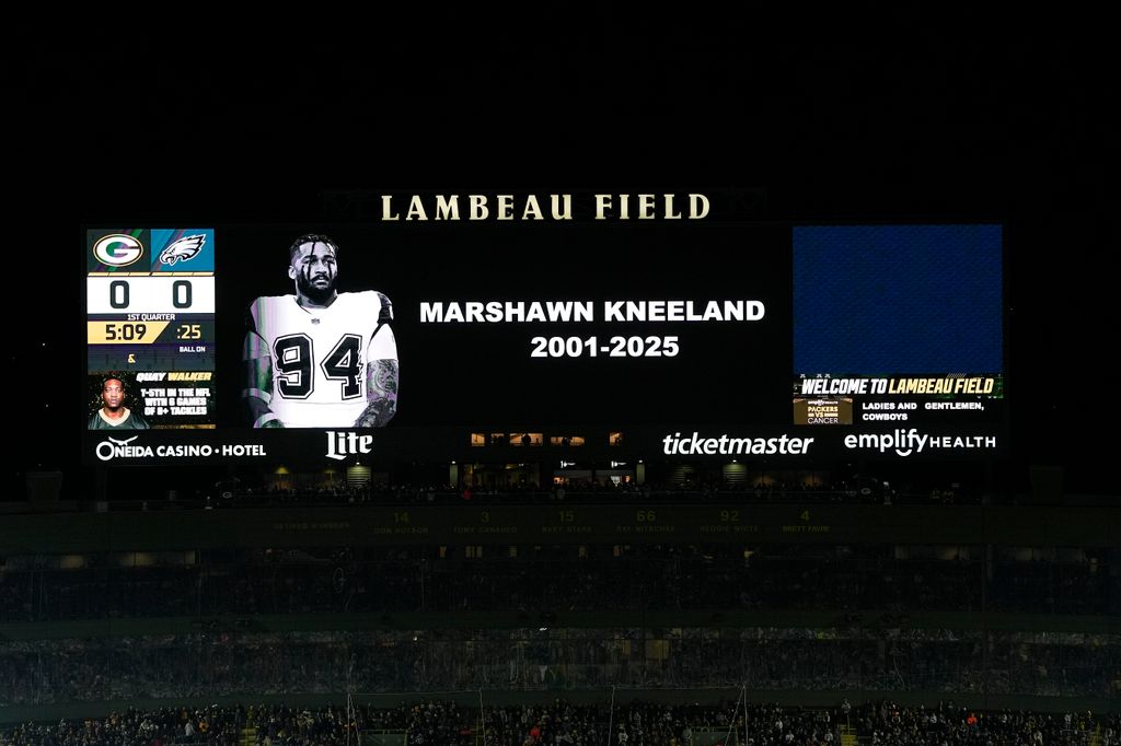A moment of silence is held for Marshawn Kneeland prior to the game between the Philadelphia Eagles and the Green Bay Packers